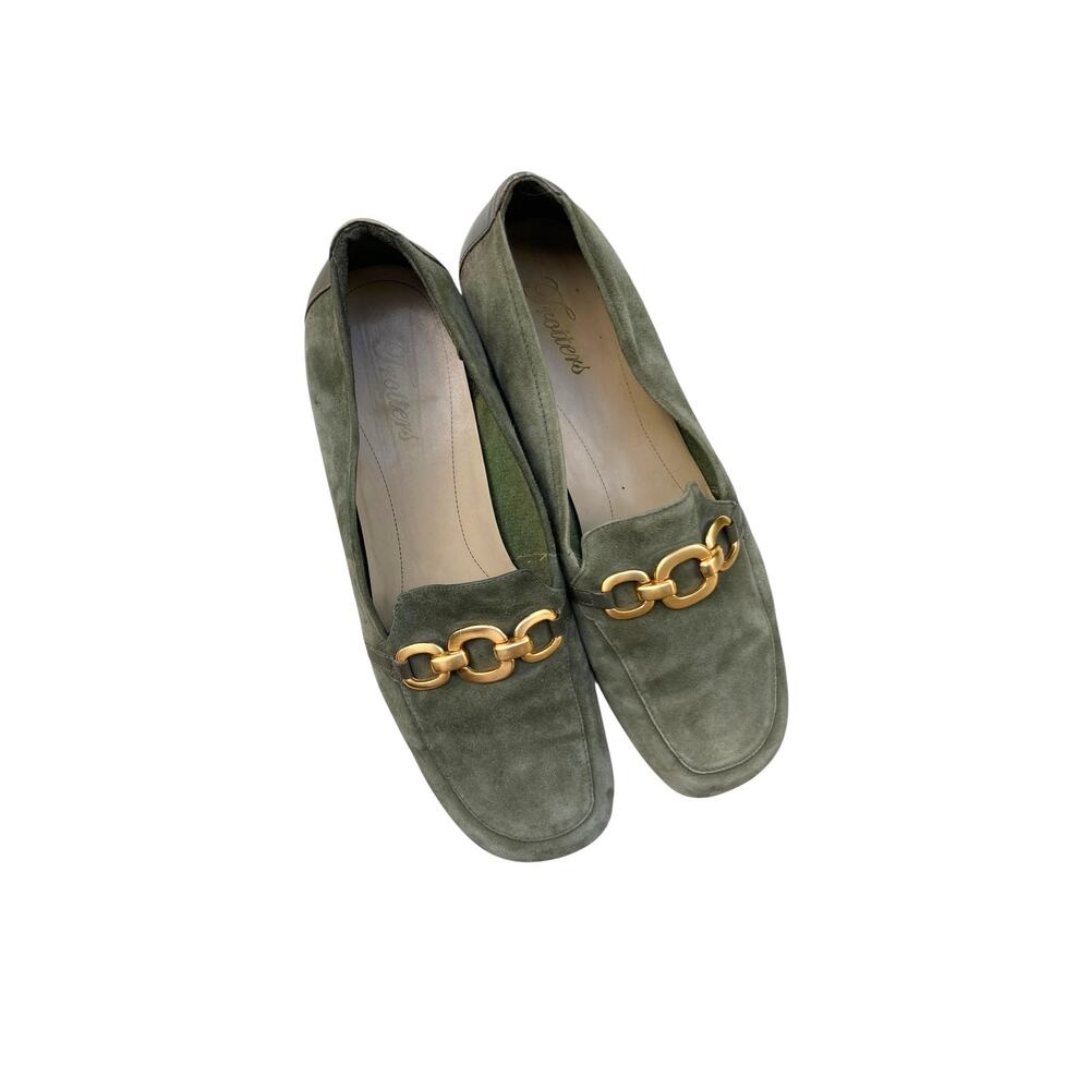 Vintage Trotters Olive Suede Square Toe Loafers Gold Chain Hardware Leather Sole